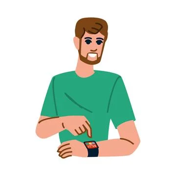 Smiling man using smartwatch touchscreen, checking time and notifications Stock Illustration