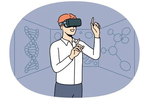 Smiling man in VR glasses explore elements Illustrazione stock