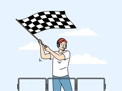 Smiling man wave with checkered flag at racing Smiling man in headset wavi... Stock Photos