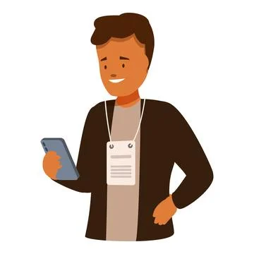 Smiling man wearing a badge using smartphone Stock Illustration