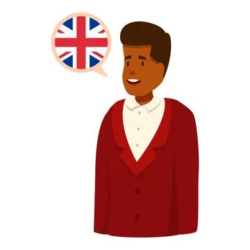 Smiling man wearing red suit learning english language looking at uk flag Stock Illustration
