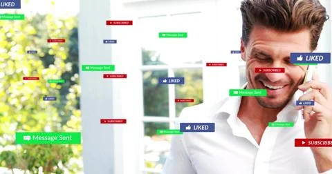 Smiling man wearing white button-up shirt holding phone by glass doors, alerts, Stock Photos