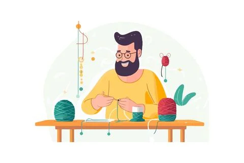 Smiling man weaving with thread in hand. Happy male in glasses engaged in l.. Stock Illustration
