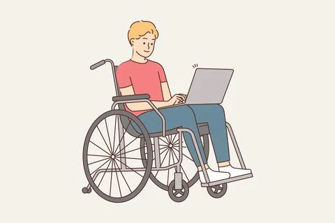 Smiling man in wheelchair work on computer Stock Illustration