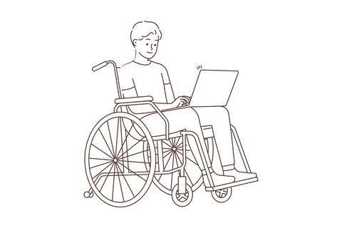 Smiling man in wheelchair work on computer Stock Illustration