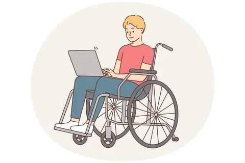 Smiling man in wheelchair work on computer Stock Illustration