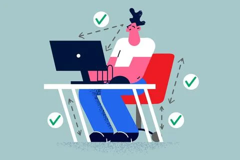 Smiling man work on computer in correct position Stock Illustration