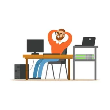 Smiling man working on the computer in the office, network engineer Stock Illustration