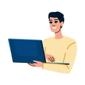 Smiling man working on laptop, remote work and online communication Stock Illustration