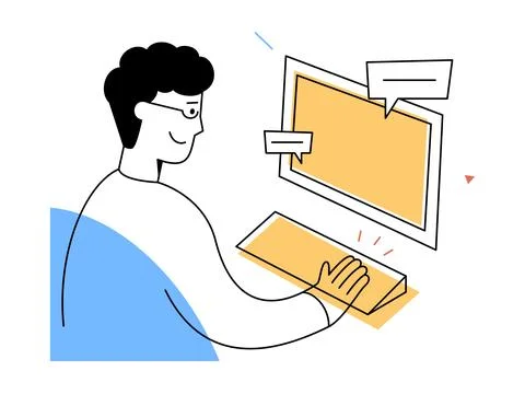 A smiling man works at computer keyboard in modern digital workspace, repre.. Illustrazione stock
