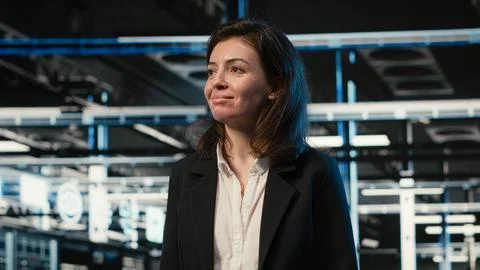 Smiling manager inspects futuristic data center with blue wireframe mesh overlay Stock Photos