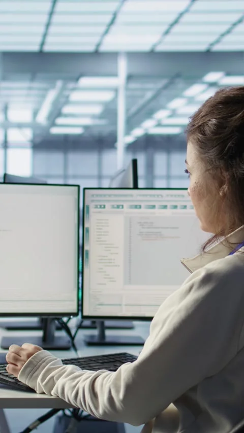 Smiling manager in server hub using computer to find firewall misconfigurations Stock Footage 319521152