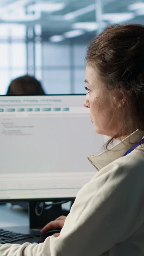 Smiling manager in server hub using computer to find firewall misconfigurations Stock Footage 319523457