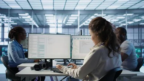 Smiling manager in server hub using computer to find firewall misconfigurations Foto stock
