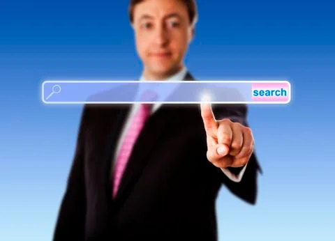 Smiling Manager Touching An Empty Search Bar Stock Photos