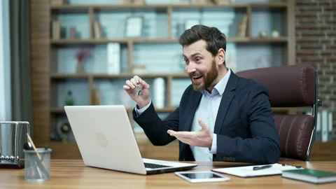 Smiling mature developer realtor talking by video call conference with client  Stock Footage 233233764