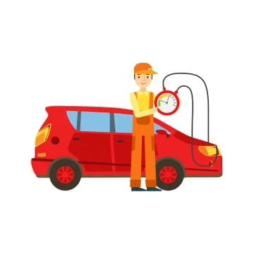 Smiling Mechanic Checking The Battery Power In The Garage, Car Repair Workshop Stock Illustration
