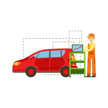 Smiling Mechanic Running Computer Diagnostics In The Garage, Car Repair Workshop 스톡 일러스트
