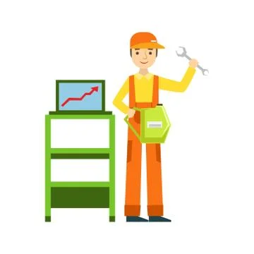 Smiling Mechanic With Wrench And Computer Diagnostics In The Garage, Car Repair 스톡 일러스트
