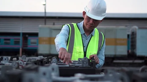 Smiling mechanical worker checking of the battery storage system Stock Footage 166027966