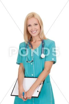 Smiling medical doctor woman with stethoscope and clipboard Stock Photos