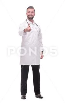 Smiling medical professional showing thumbs up .isolated on white Stock Photos
