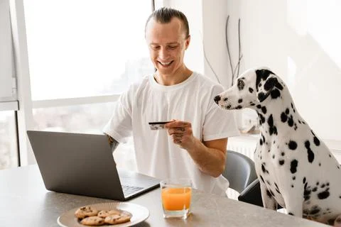 Smiling mid aged man working on laptop computer Stock Photos