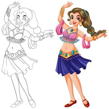 Smiling Middle Eastern Dancer in Colorful Traditional Costume Stock Illustration