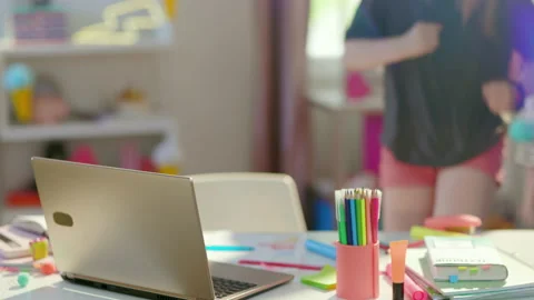 Smiling modern child having distance education and stretching Stock Footage 159368089