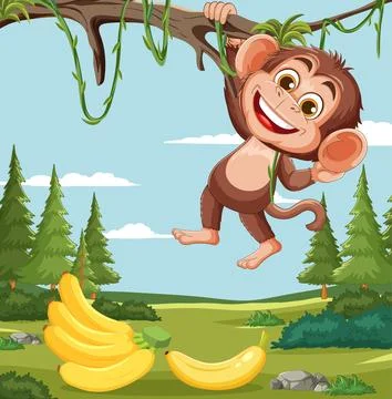 Smiling Monkey Hanging From Tree With Bananas Below Stock Illustration