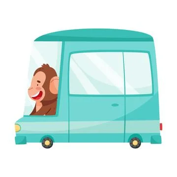 Smiling Monkey with Protruding Ears Driving Van or Mini Bus Vector Illustration Stock Illustration