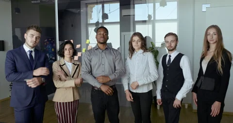 Smiling multiethnic business group posing with arms crossed with leader Stock Footage 141606697