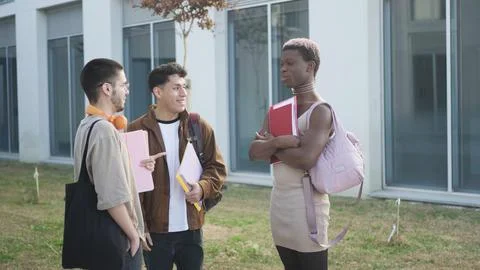 Smiling multiethnic students discussing project on street Stock Photos