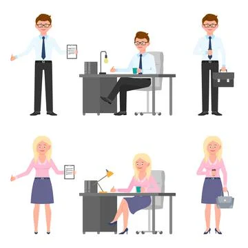 Smiling, nice office worker man and woman vector illustration. Front view sta Stock Illustration