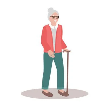 Smiling old lady with disabilities walking . Flat vector illustration Stock Illustration