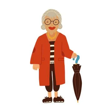 Smiling old lady dressed in elegant clothing holding an umbrella. Fashionable Stock Illustration