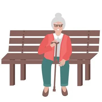 Smiling old lady sitting on bench with disabilities. Flat vector illustration Stock Illustration