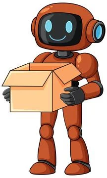 Smiling Orange Robot Holding Cardboard Box Stock Illustration