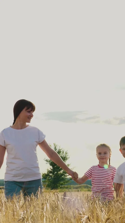 Smiling parents and children going at dry wheat countryside sunny sky field Stock Footage 296707697