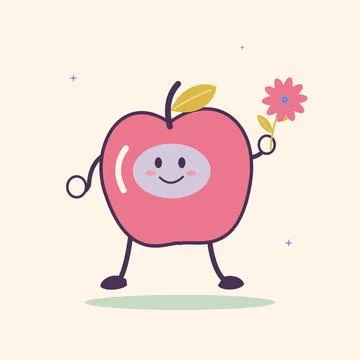 Smiling peach character with a daisy flower. Original cheerful food character Illustration