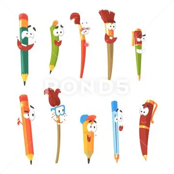 Smiling Pen, Pencils And Brushes, Set Of Animated Stationary Cartoon Characters Stock Illustration
