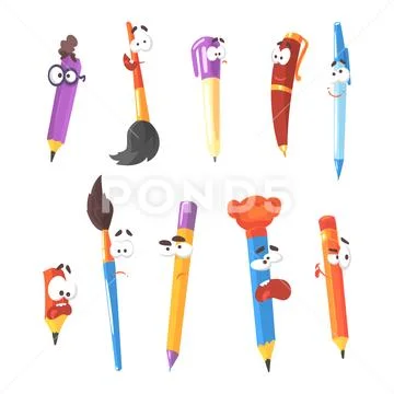 Smiling Pen, Pencils And Brushes, Series Of Animated Stationary Cartoon Stock Illustration