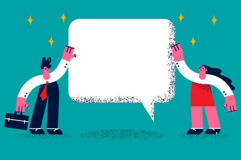 Smiling people show offer on speech bubble Stock Illustration