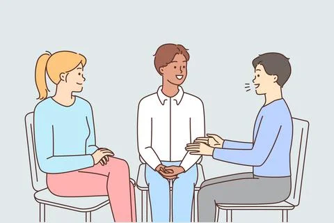 Smiling people sit in circle talking Stock Illustration