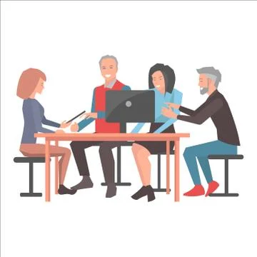 Smiling People Sitting at Table with Black Laptop Stock Illustration