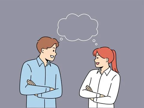 Smiling people with speech bubble communicate Smiling man and woman with s... Stock Photos