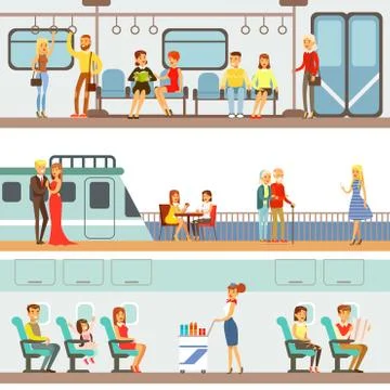 Smiling People Taking Different Transport, Metro, Plane And Ship Set Of Cartoon Stock Illustration
