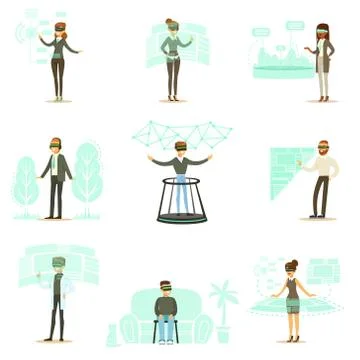 Smiling People Using Virtual Reality Technology Set Of Cartoon Scenes Stock Illustration