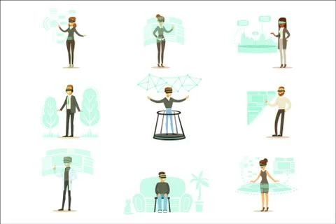 Smiling People Using Virtual Reality Technology Set Of Cartoon Scenes Stock Illustration