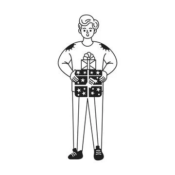 Smiling Person Holding a Patterned Gift Box 스톡 일러스트